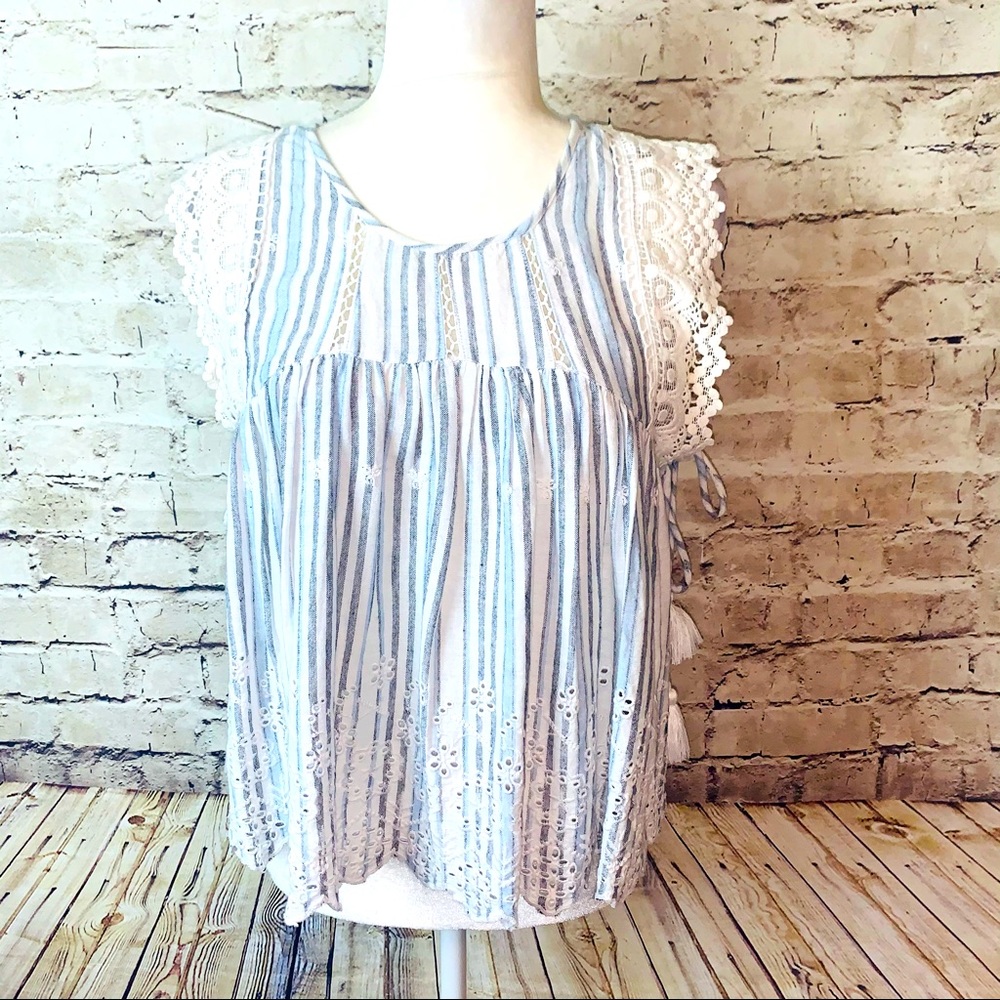 Free People Boho Embroidered & Striped Top